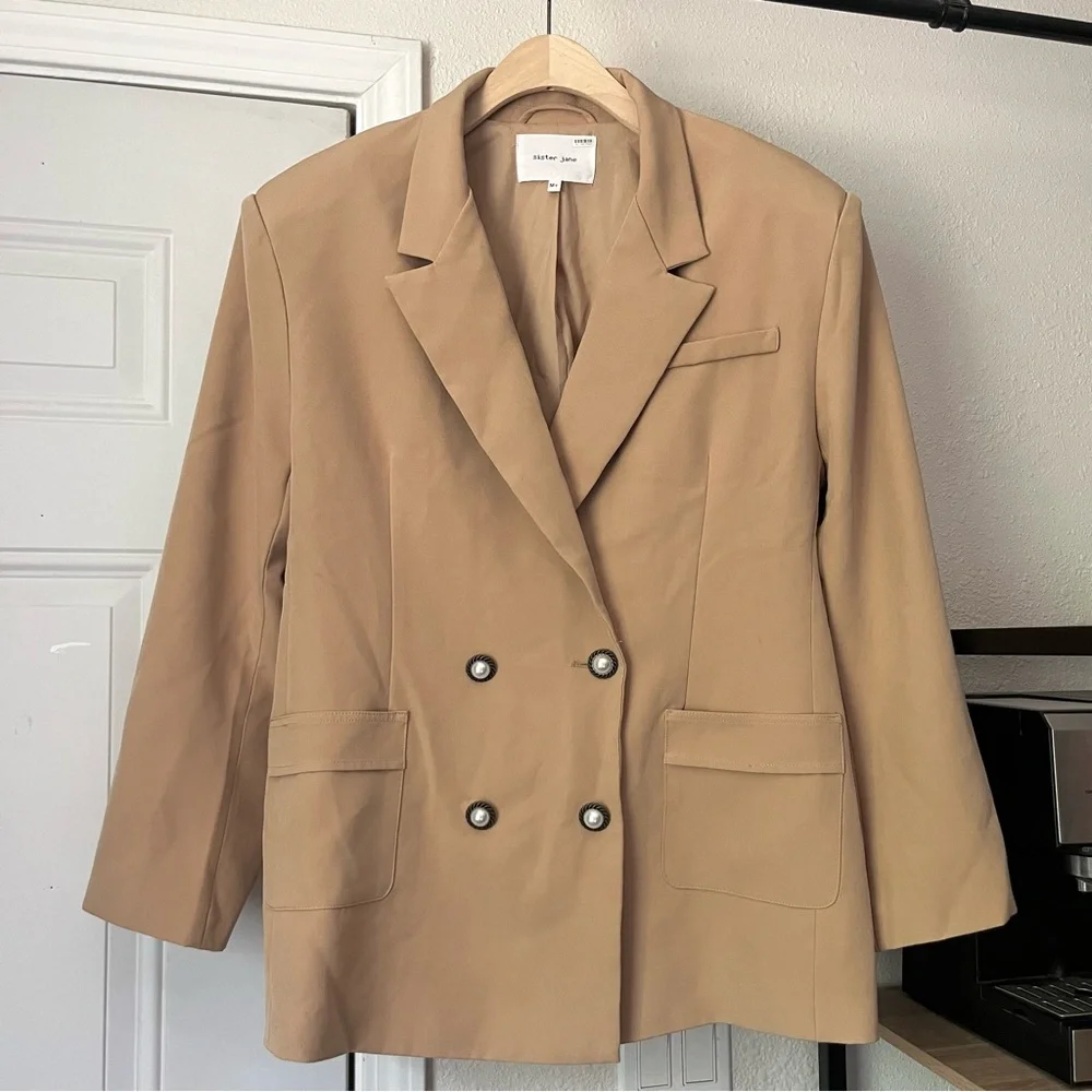 SISTER JANE‎ tan double breasted strong padded shoulder blazer jacket